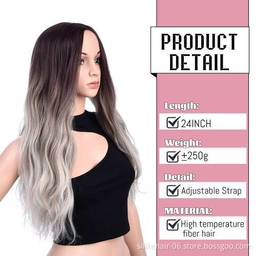 Hot Selling Ombre Ash Brown Color Machine Made Wig For Black Women Daily Use Heat Resistant Synthetic Body Wave Haircut Wigs